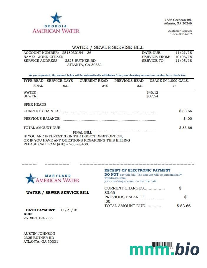 USA Maryland Georgia Water rachunek za media szablon w formacie Word i PDF